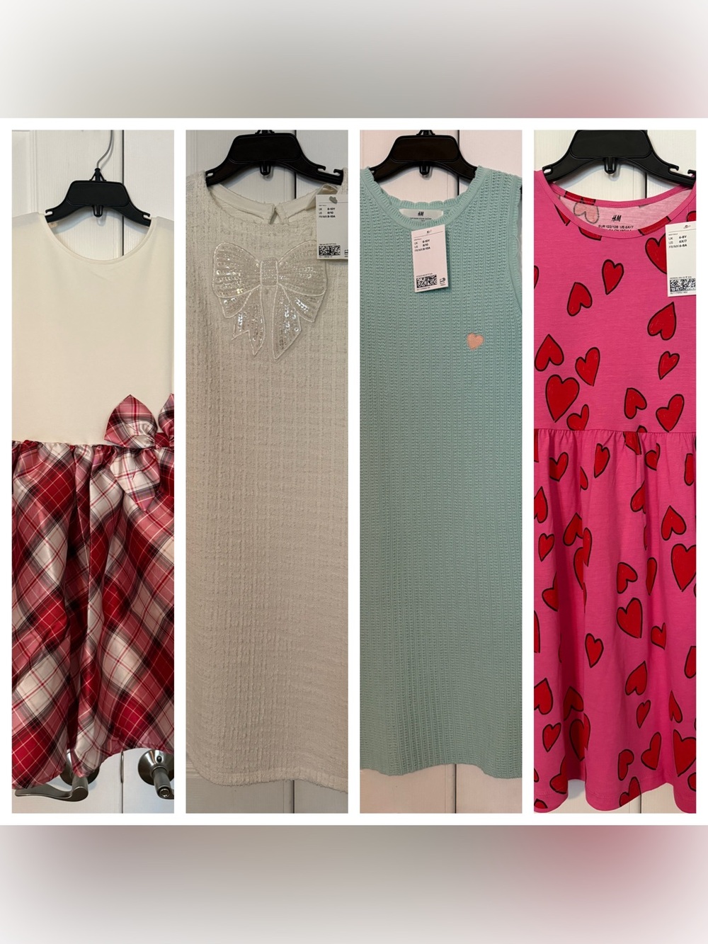 H&M Girls 4 Dress Bundle - Pink Heart Print, Red Plaid Holiday, Cream Bow, Mint